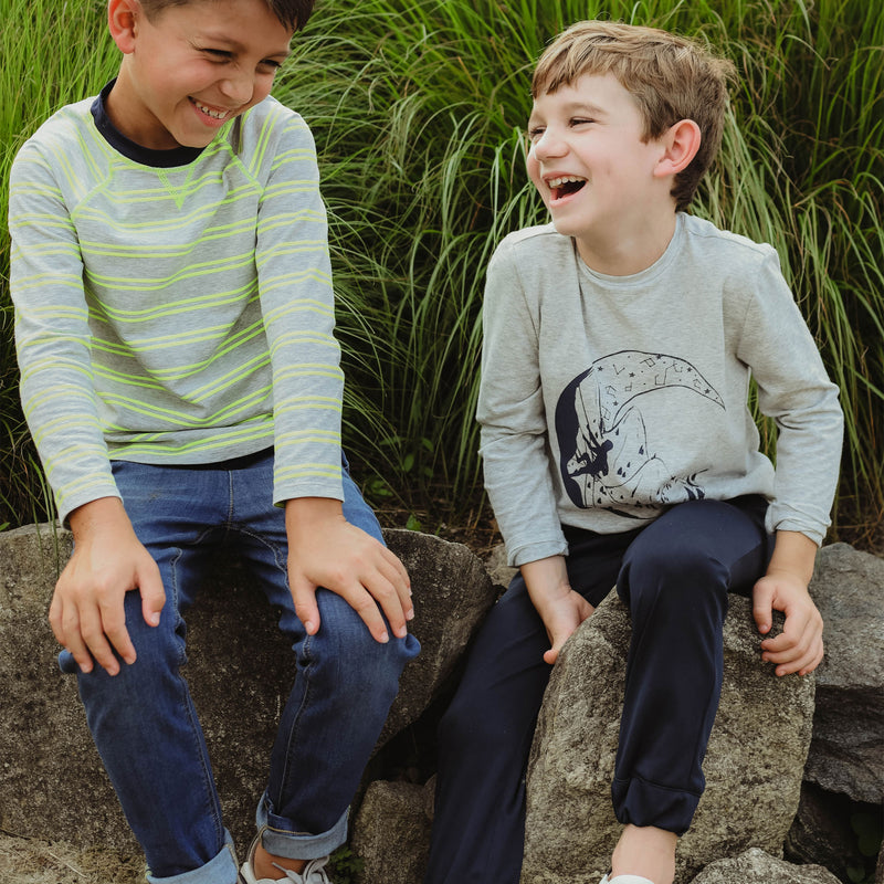 two young boys laughing with EGG t shirt - grey wesley graphic tee on