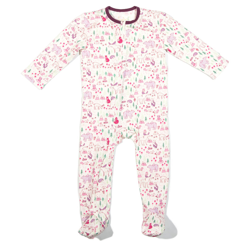 EGG zipper footie with pink forest print - front view